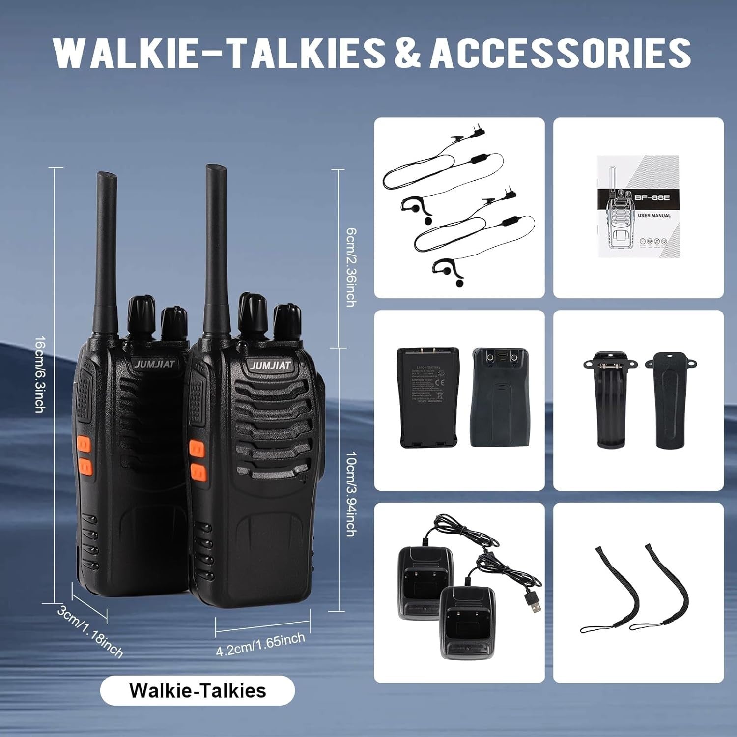 Long Range PMR446 Walkie Talkies 2 Pack Rechargeable 16CH w/ Earpieces