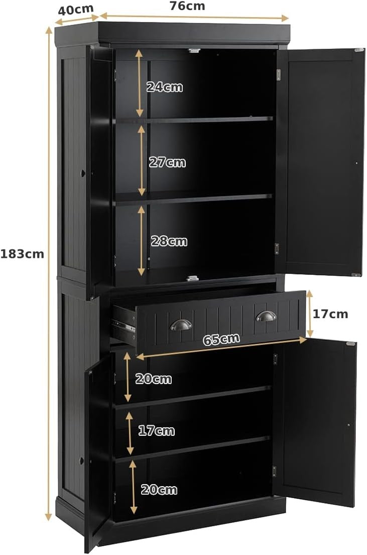 Tall Black Kitchen Cupboard 4 Door Storage Cabinet with Drawer & Shelves