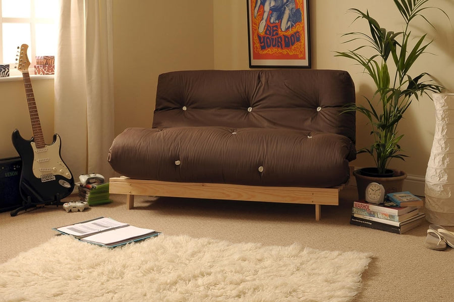 Small Double Wooden Futon Sofa Bed 4ft Tufted Cotton Mattress Brown