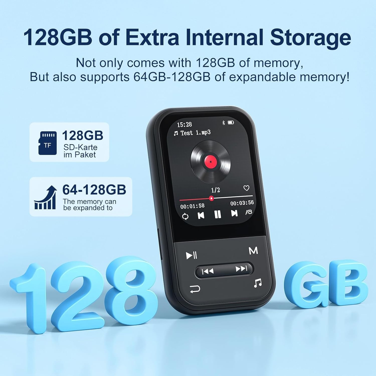 128GB Clip MP3 Player Black Bluetooth 5.3 FM Radio