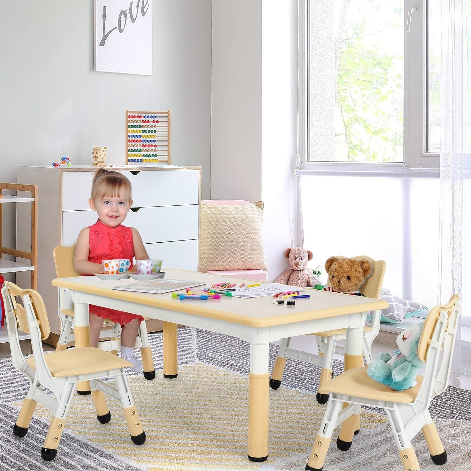 Height Adjustable Kids Table & 4 Chairs Set, Safe Plastic, 120x60cm
