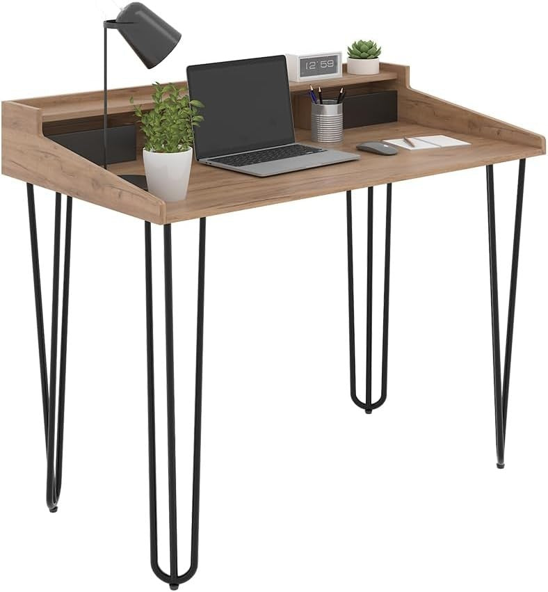 Oak & Black Office Desk with Drawers, 110 x 60 cm Modern Study Table