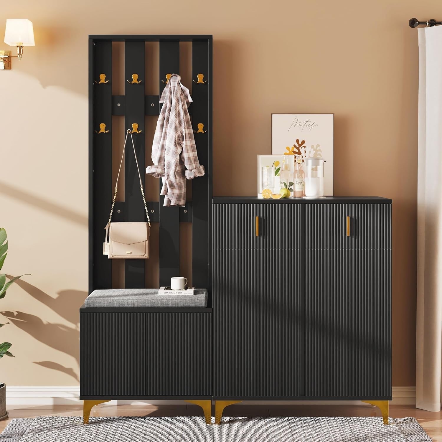 Modern Hallway Coat Rack & Shoe Storage Bench with Cushioned Seat – Black