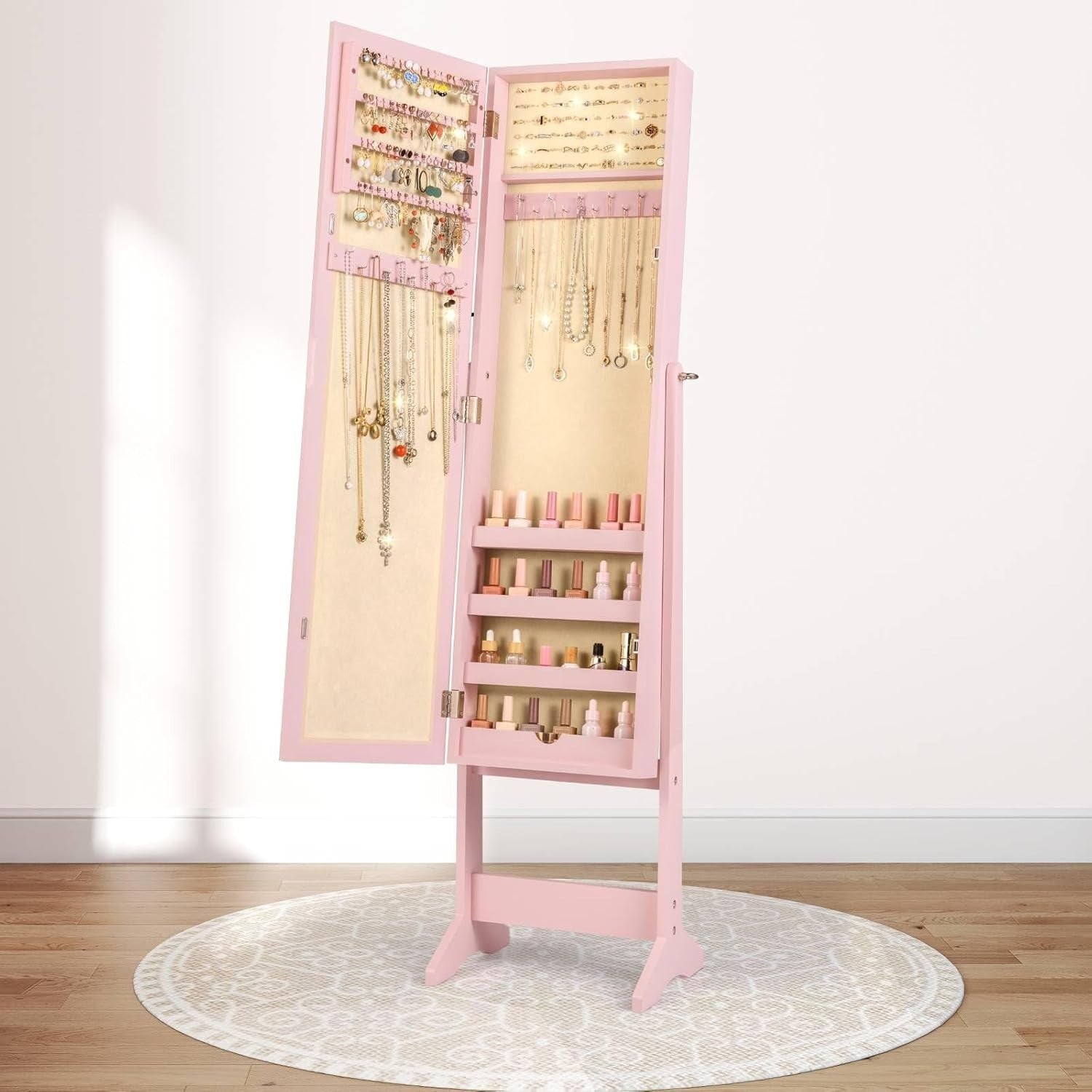 Pink Freestanding Jewelry Cabinet Full Length Mirror Adjustable Storage