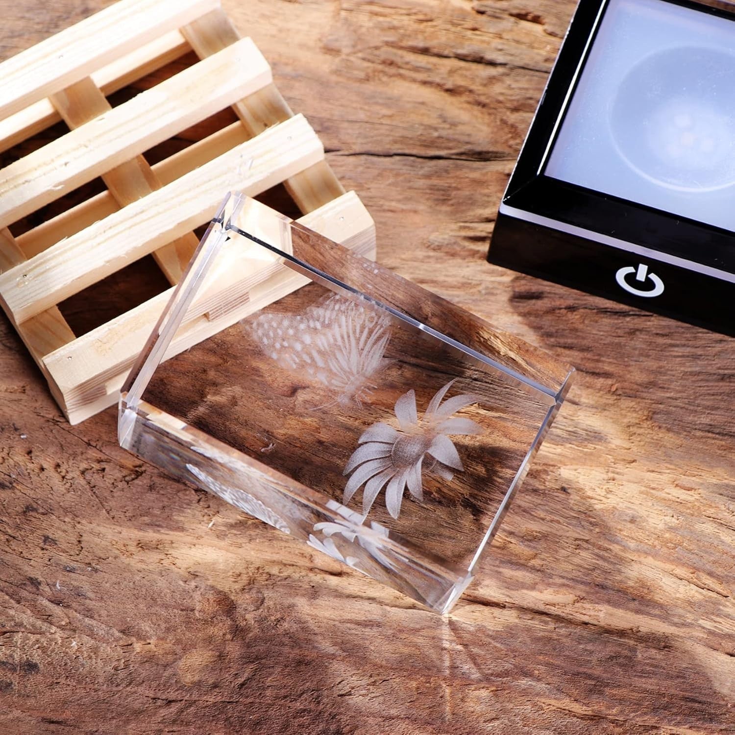 3D Crystal Butterfly Flower LED Ornament Gift – Light Up Glass Keepsake Decor