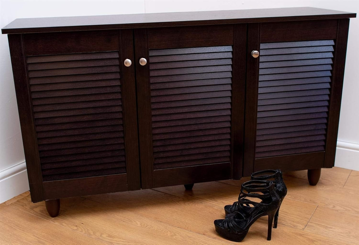 Modern 3 Door Shoe Cabinet Storage Unit | 15 Pair Rack Dark Wenge