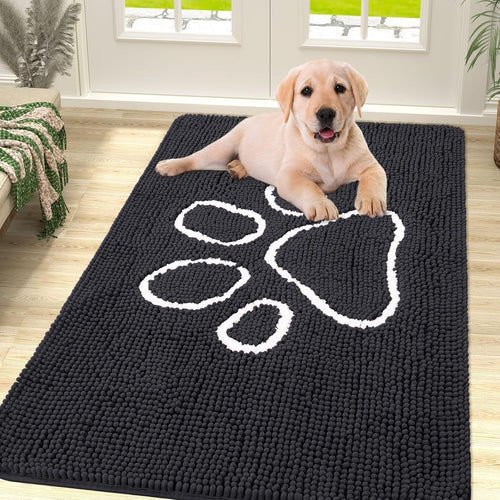 Dog Door Mat Super Absorbent Non Slip Chenille Black Entrance Rug 76x121cm