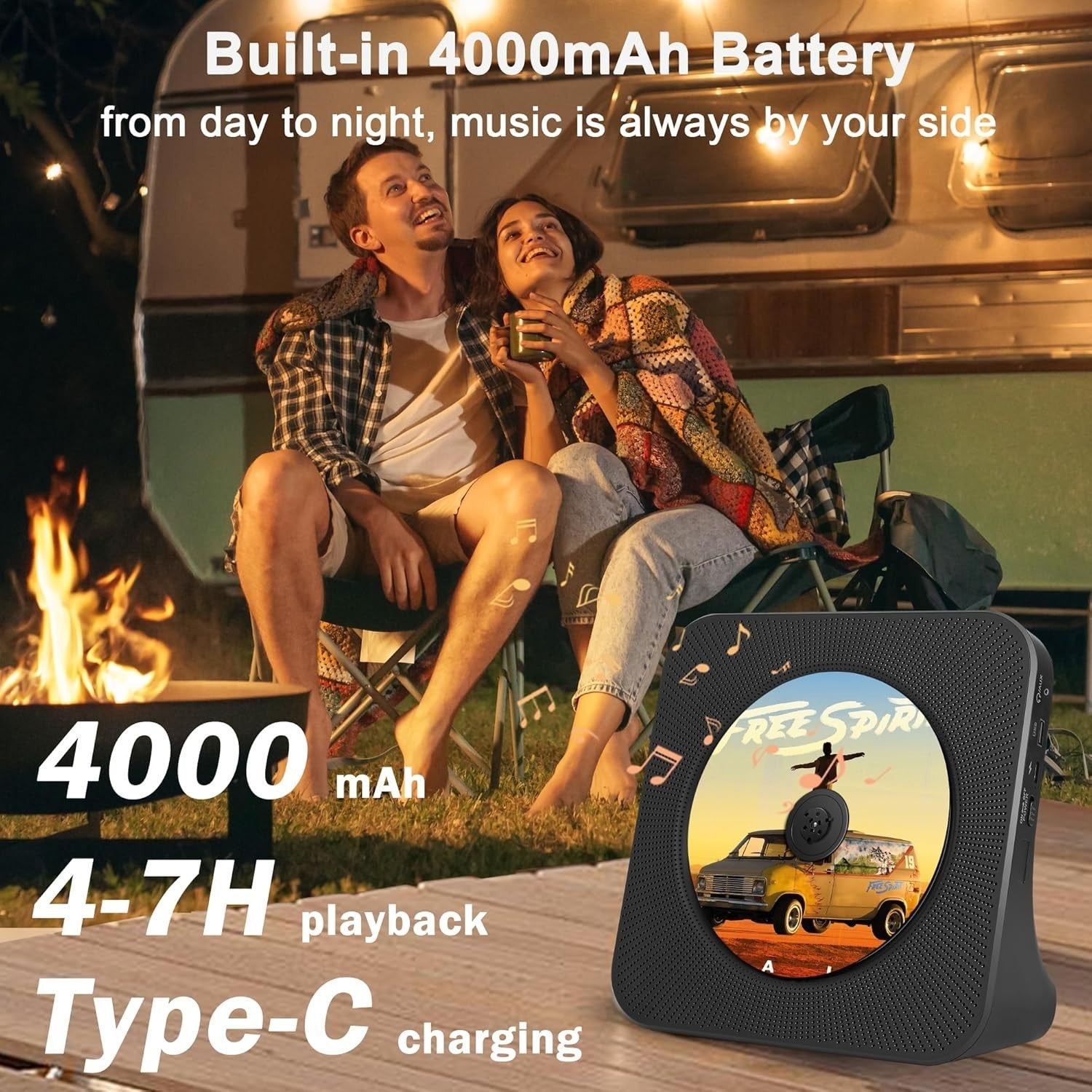 Portable Bluetooth CD Player FM Radio USB AUX Rechargeable 4000mAh