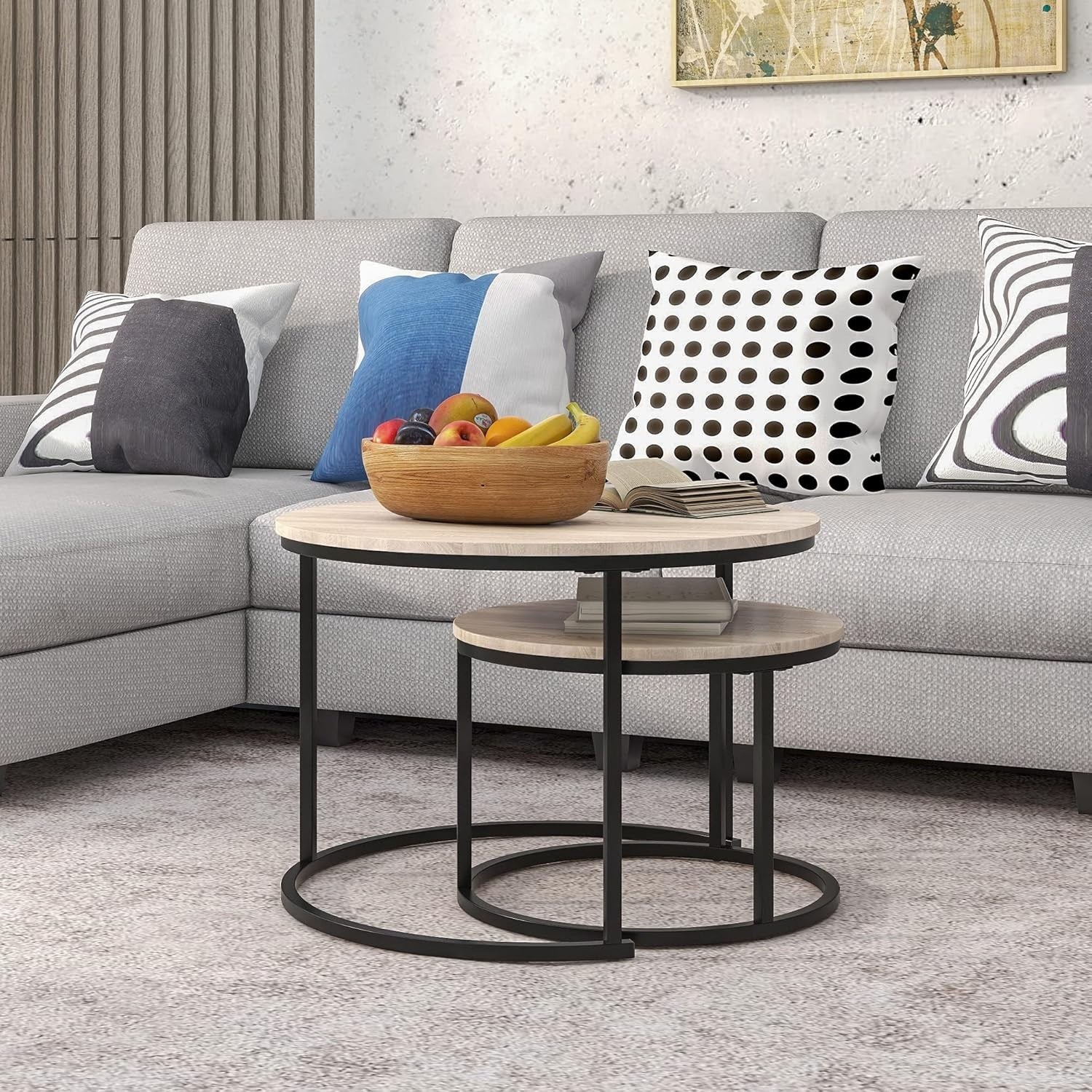 Round Nesting Coffee Tables Set for Living Room Modern Black/Oak Wood End Side T