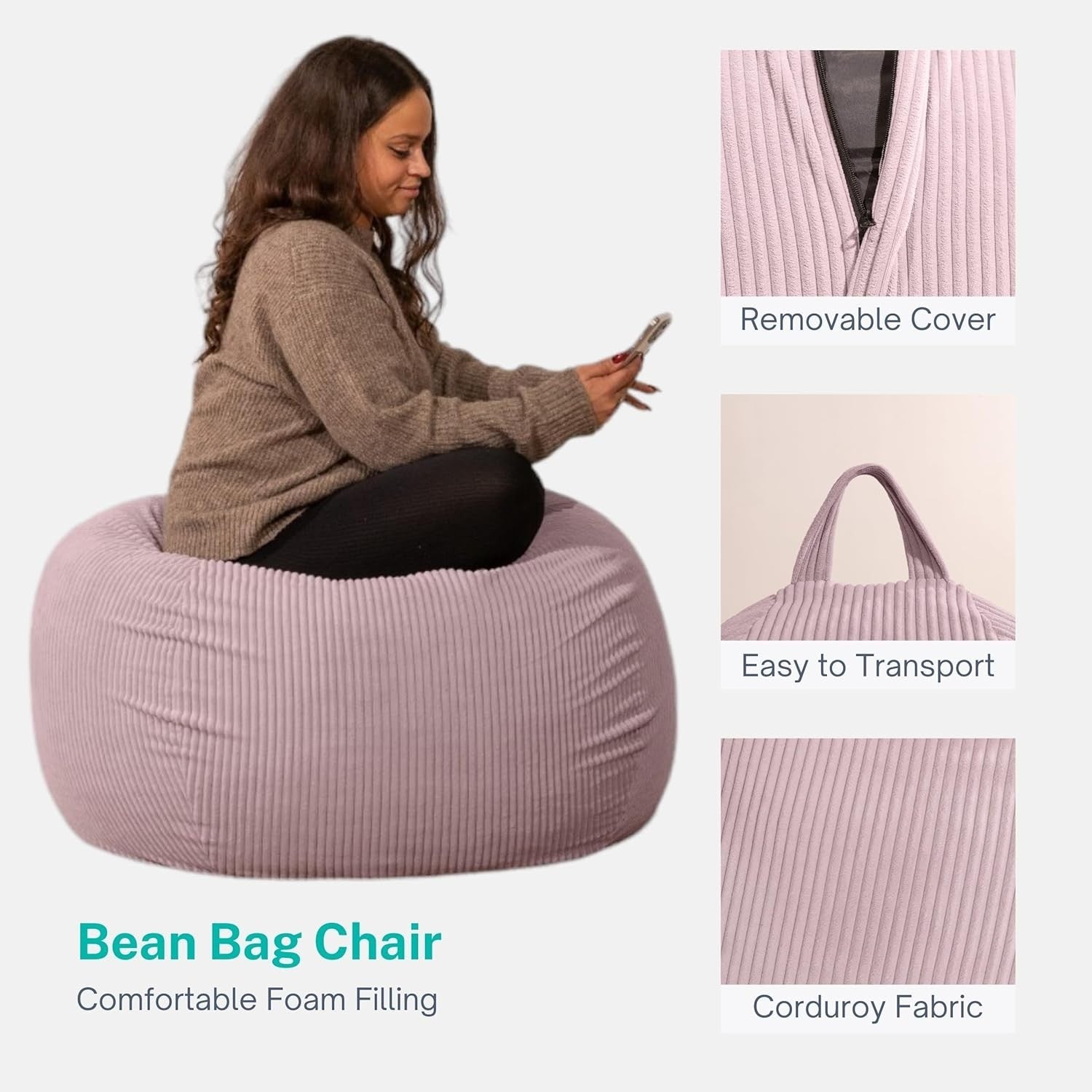 Soft Corduroy Bean Bag Chair with Removable Washable Cover – Adult & Kids