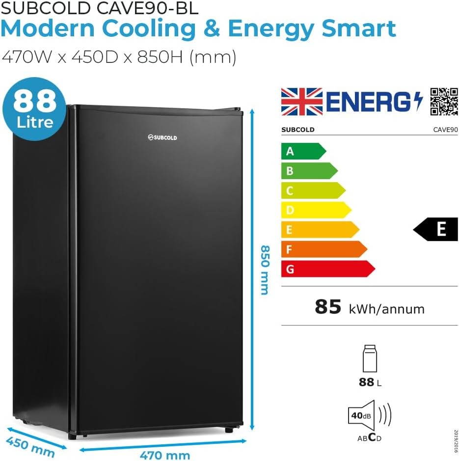 Undercounter Drinks Fridge Solid Door Quiet 90L 89 Cans Home Bar Black