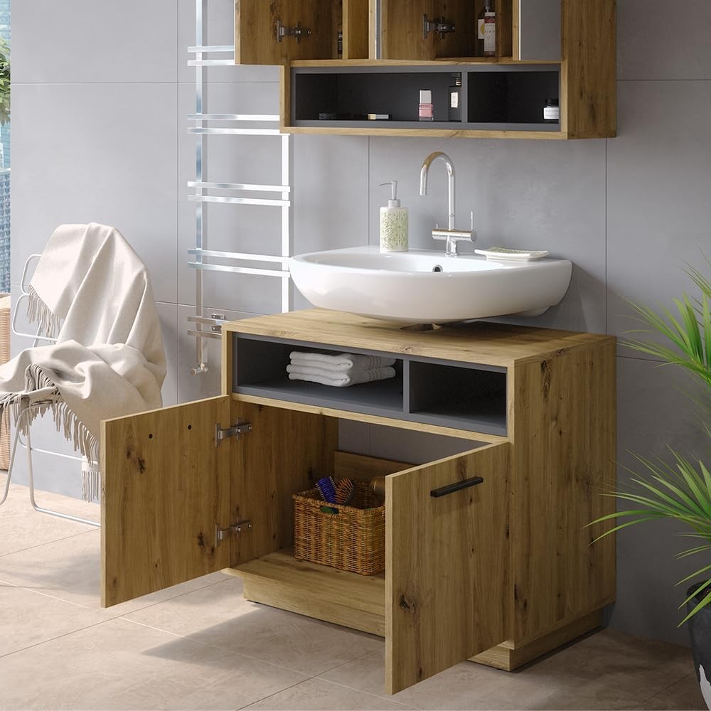 Oak Bathroom Sink Cabinet Vanity Storage Unit with Shelves 80x64cm Modern