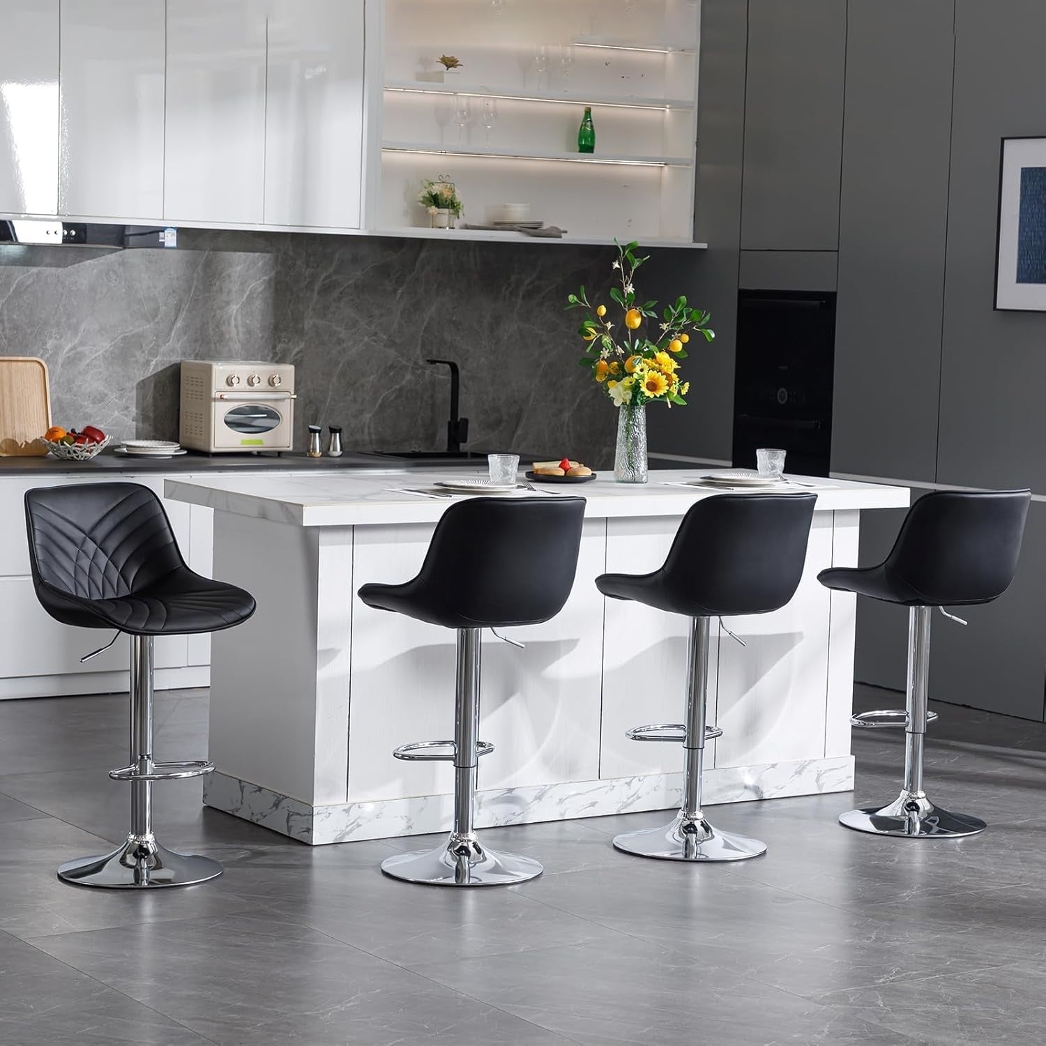 Adjustable Black Faux Leather Bar Stools Set of 2 Swivel Kitchen Counter