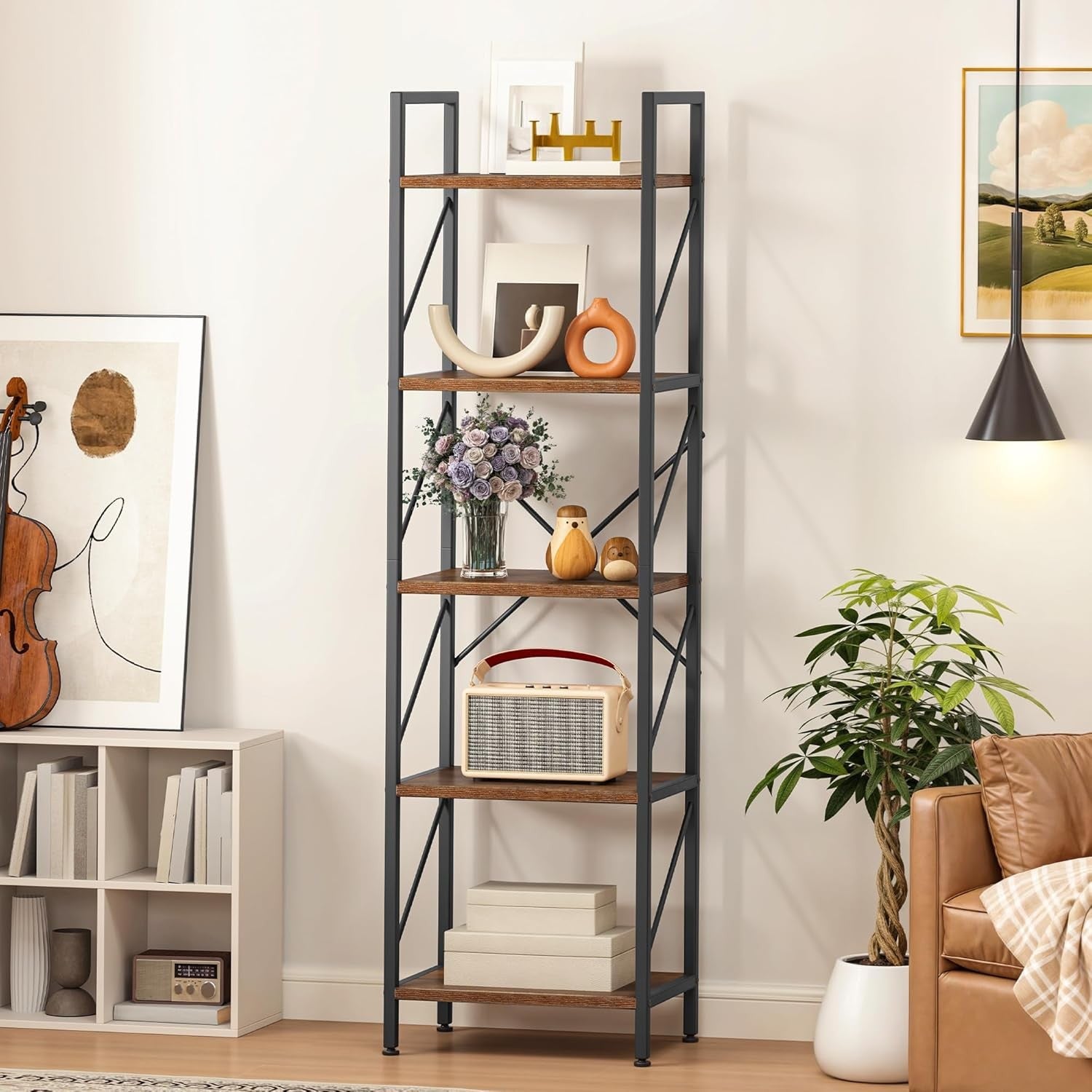 5-Tier Industrial Bookshelf | Metal Frame Rustic Wood Shelves Tall Display Unit