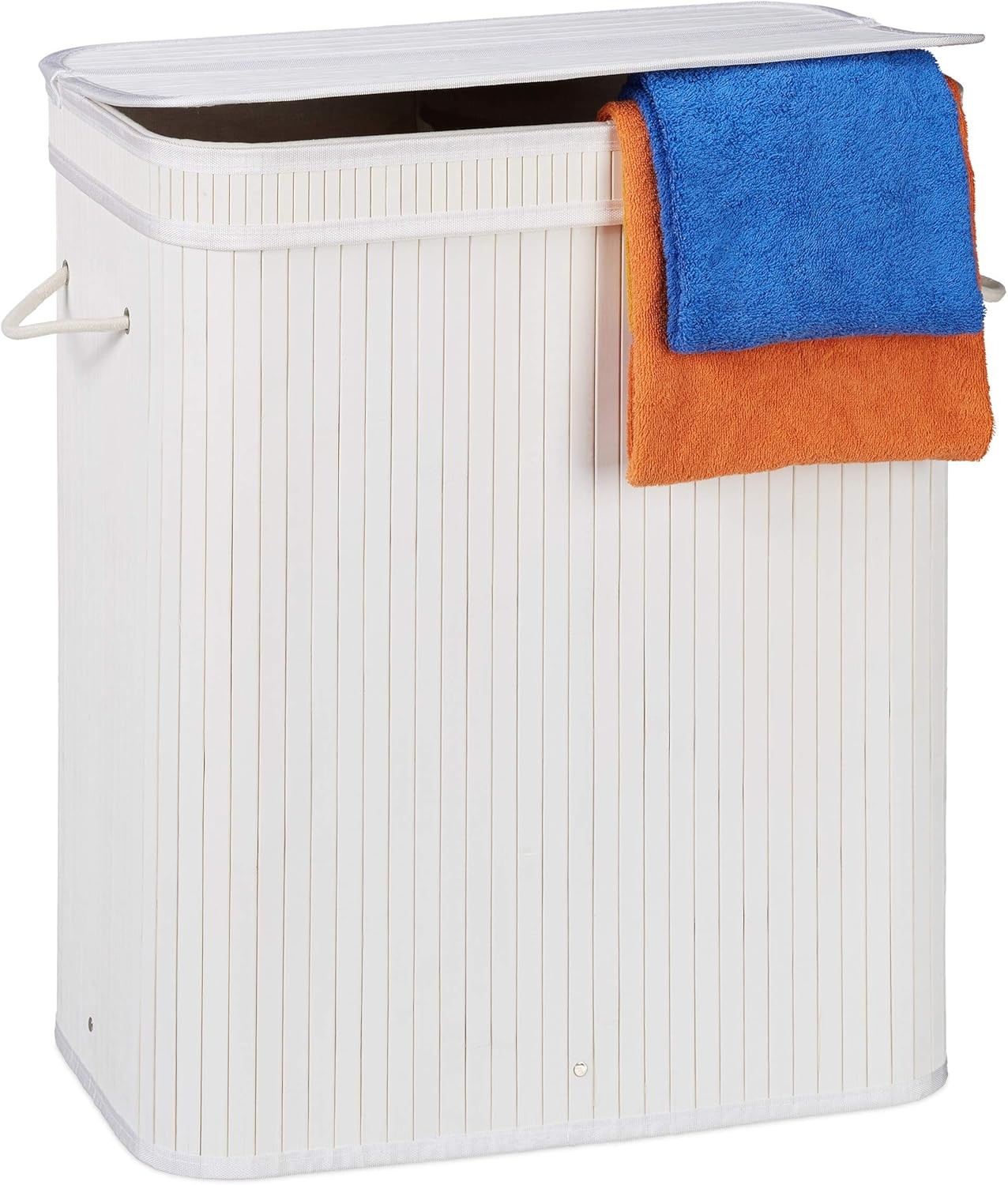 72L Bamboo Laundry Hamper with Lid & 2 Compartments Ventilated White Basket