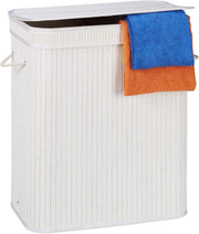 72L Bamboo Laundry Hamper with Lid & 2 Compartments Ventilated White Basket
