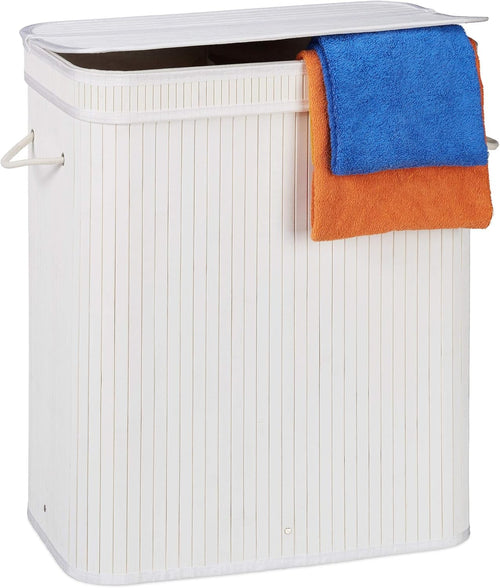 72L Bamboo Laundry Hamper with Lid & 2 Compartments Ventilated White Basket