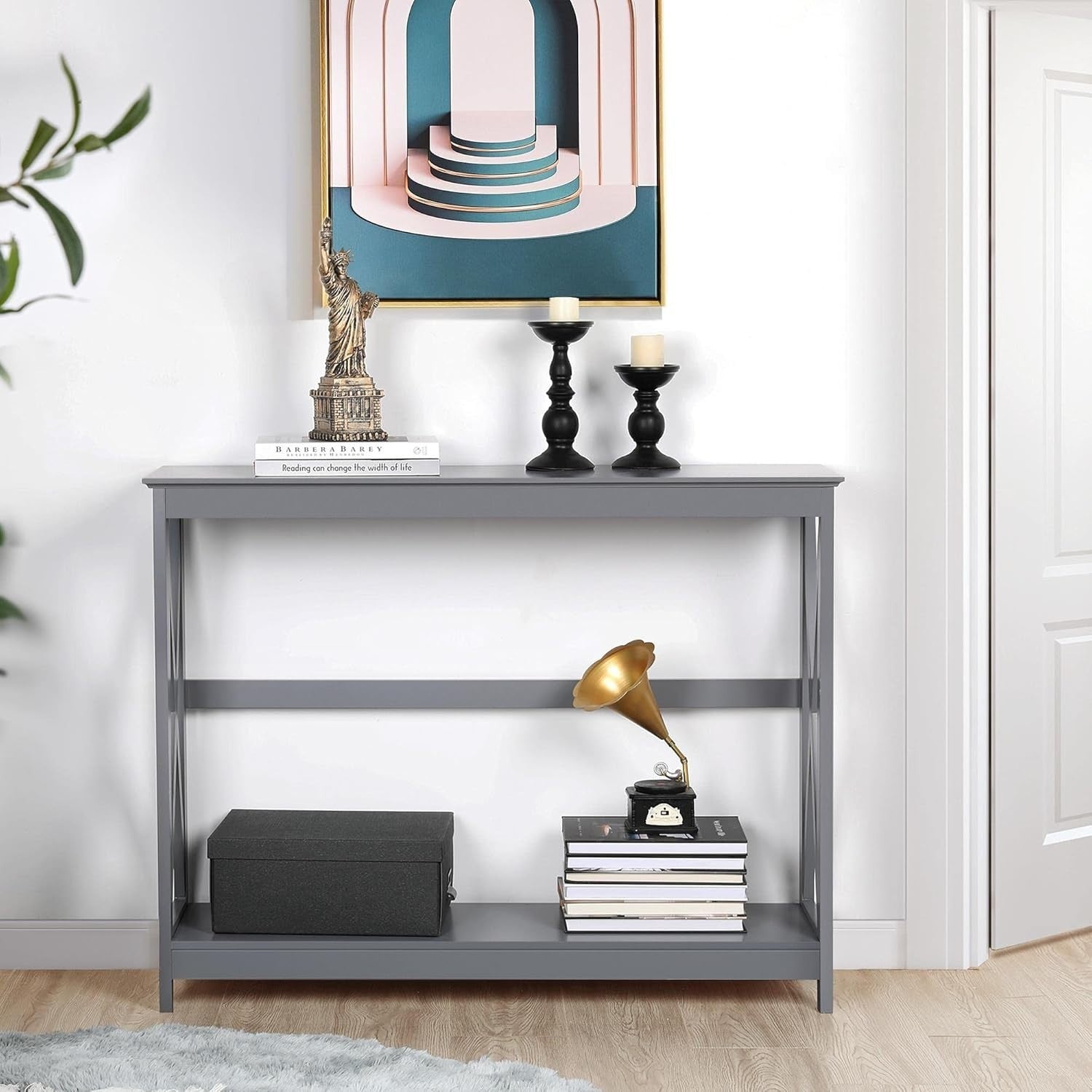 Slim 2-Tier Grey Console Table with X-Frame for Hallway & Living Room