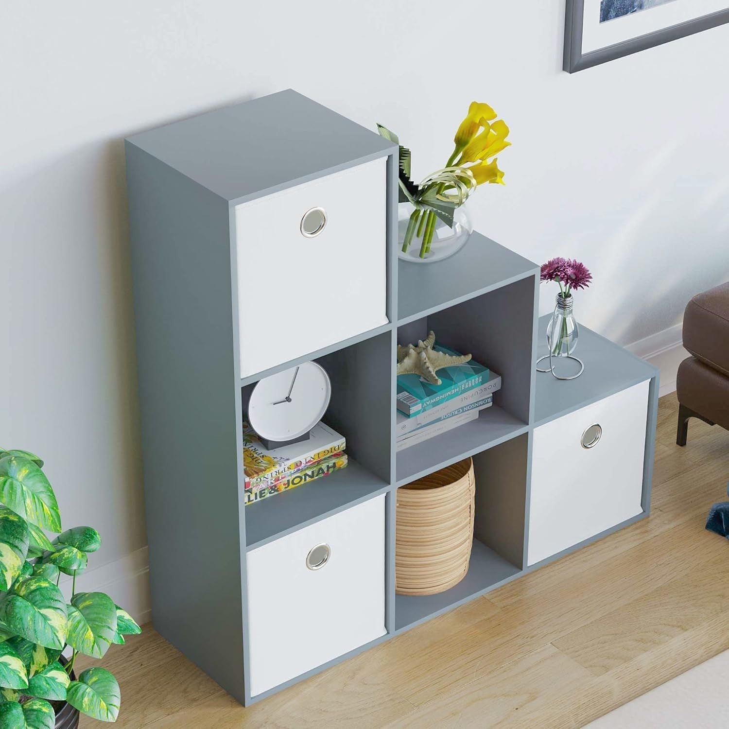 Modern 6 Cube Staircase Storage Shelf Grey Unit + 3 White Baskets – Home Organiz