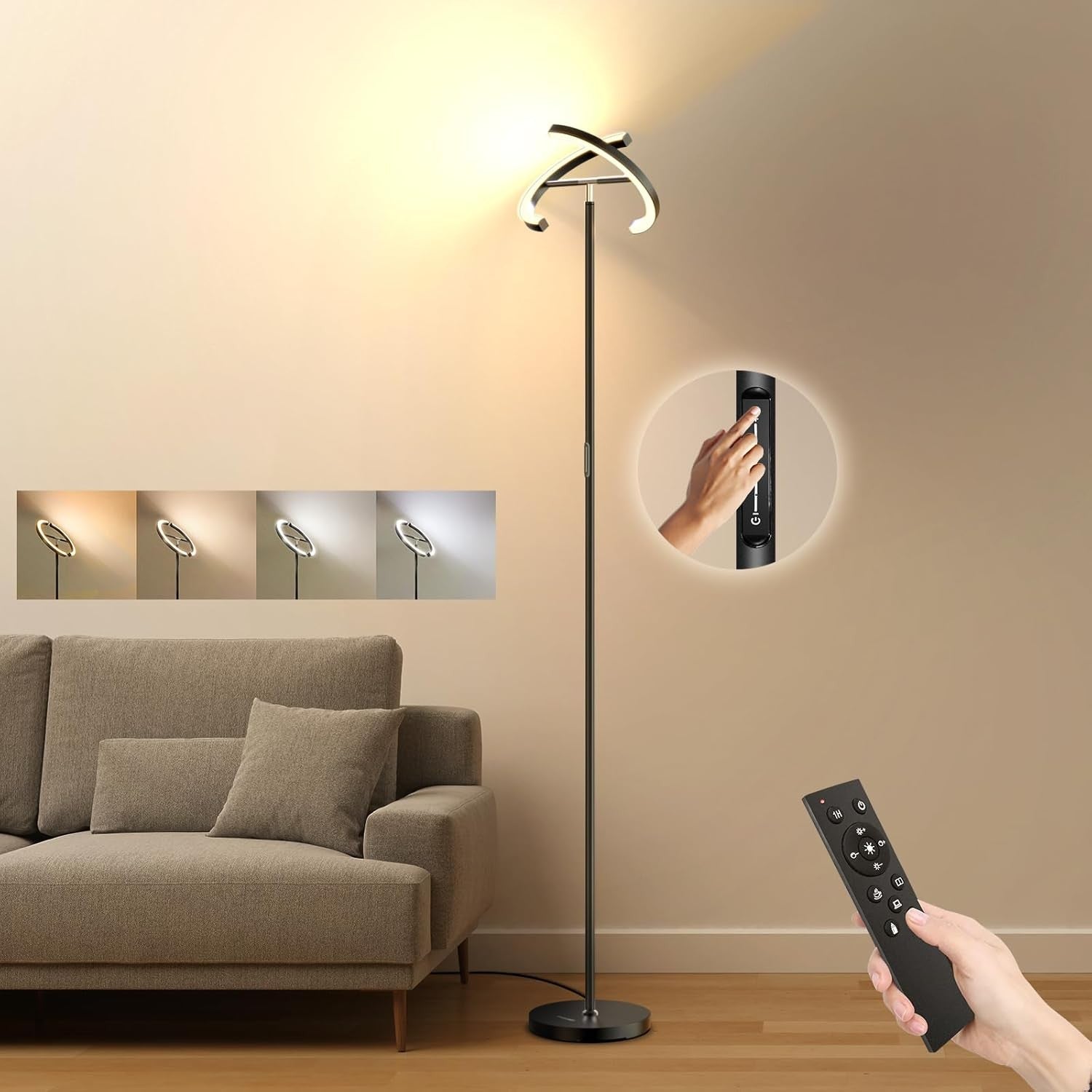 Modern LED Uplighter Floor Lamp Dimmable Remote Touch 3000–6000K 22W Light