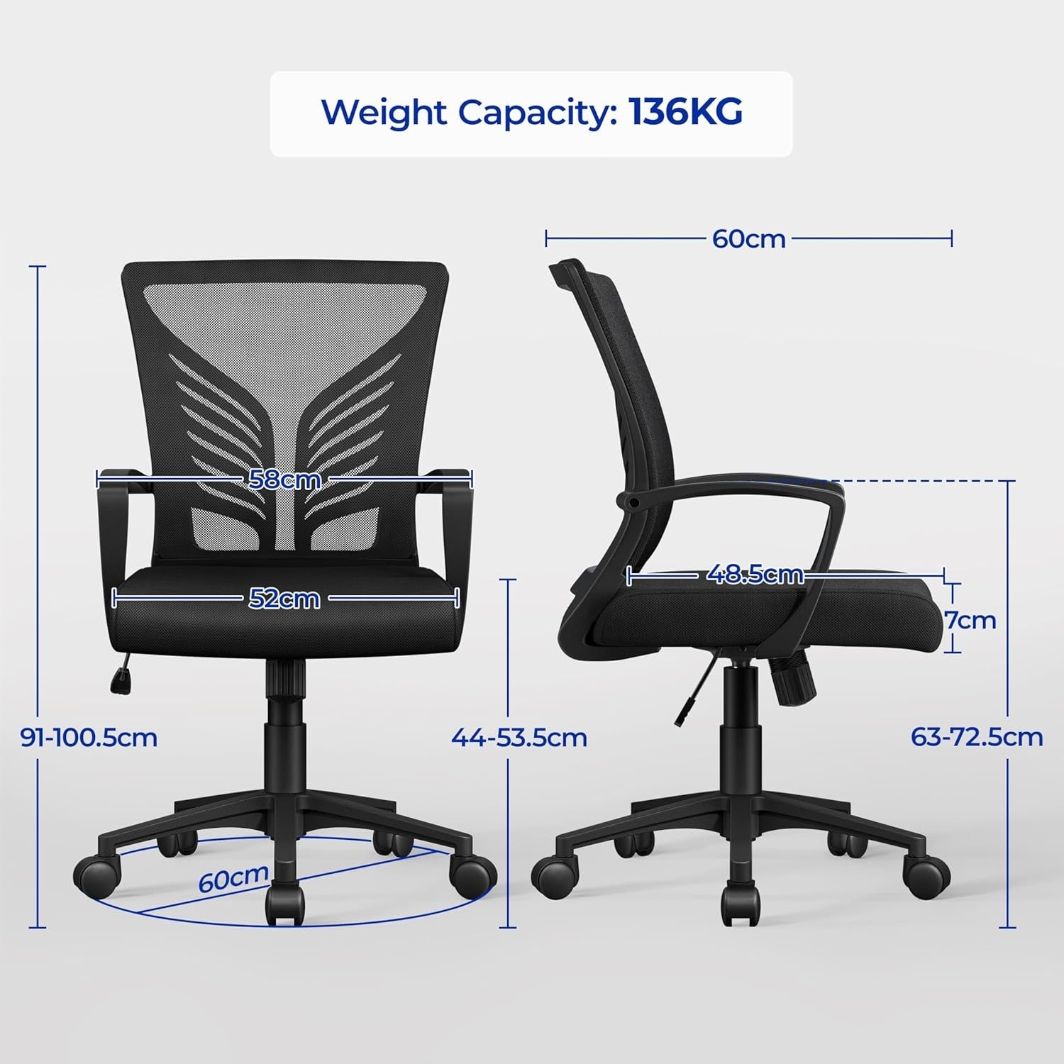 2x Ergonomic Mesh Office Chair Mid Back Swivel Adjustable Lumbar