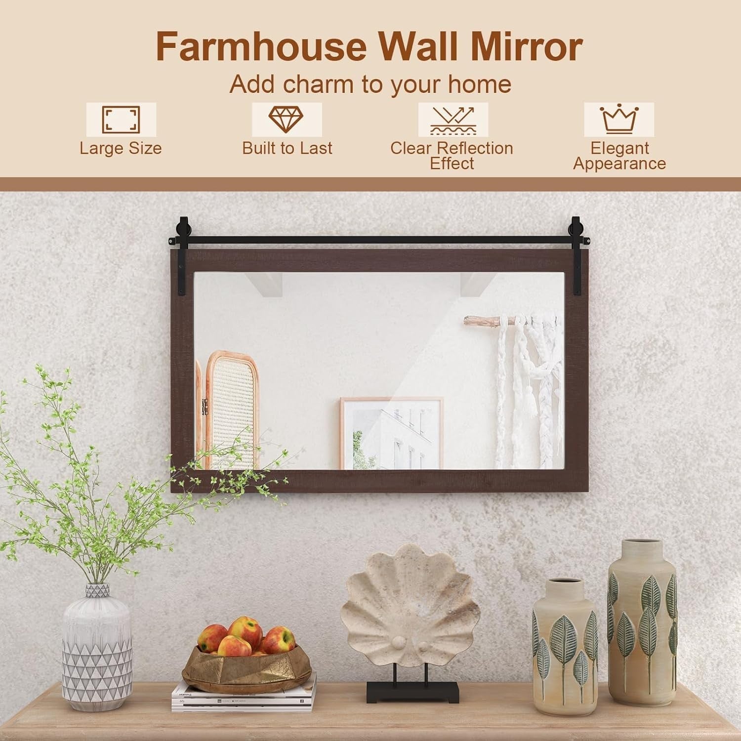 Barn Door Wall Mirror Walnut 101x66cm Rustic Farmhouse Wood Vanity Decor