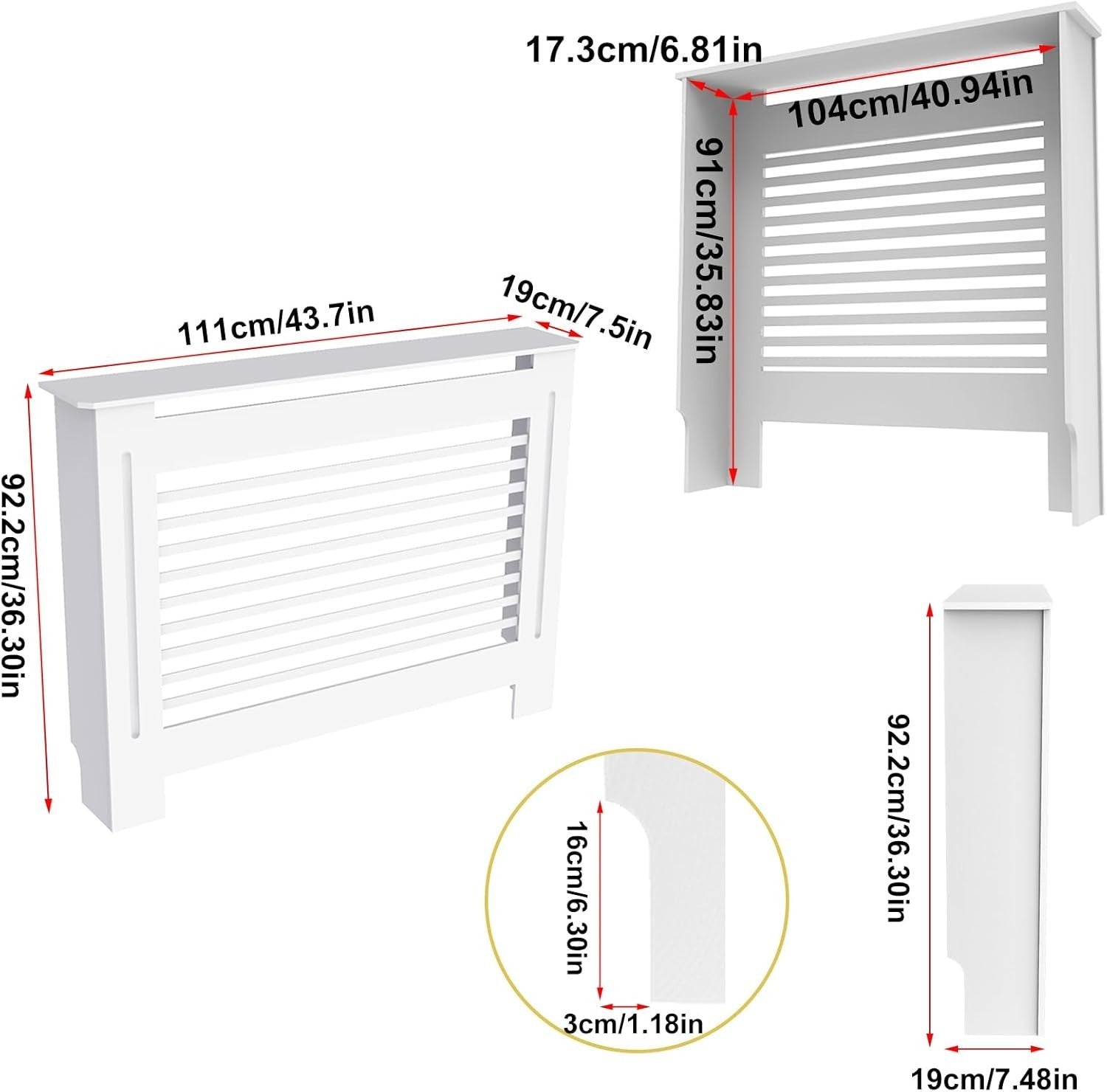 Modern White Radiator Cover Cabinet 92cm MDF Horizontal Slatted Heater Shelf