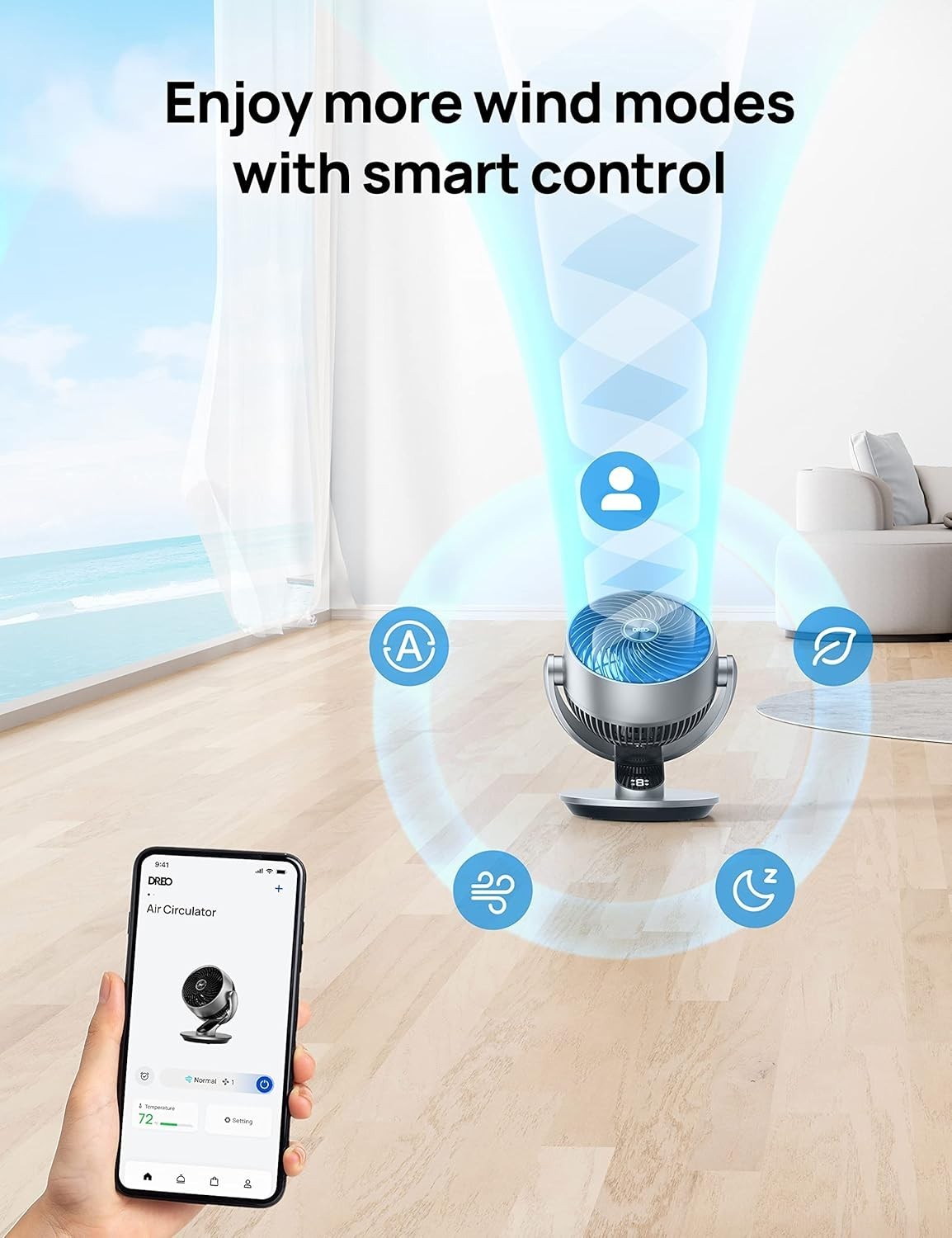 Smart Table Fan Silver Quiet 4-Speed Remote & App Control 7" Air Circulator