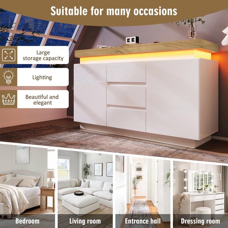 White High Gloss LED Sideboard Cabinet with Drawers & Storage Unit