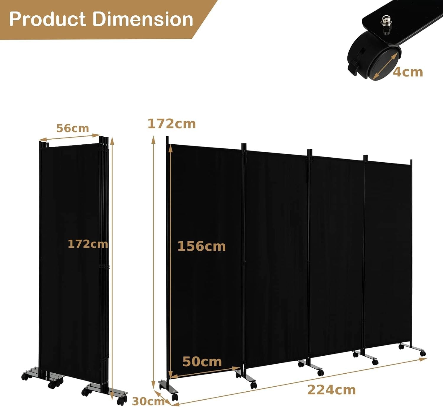4-Panel Black Folding Room Divider 224x30x172cm Privacy Screen Partition
