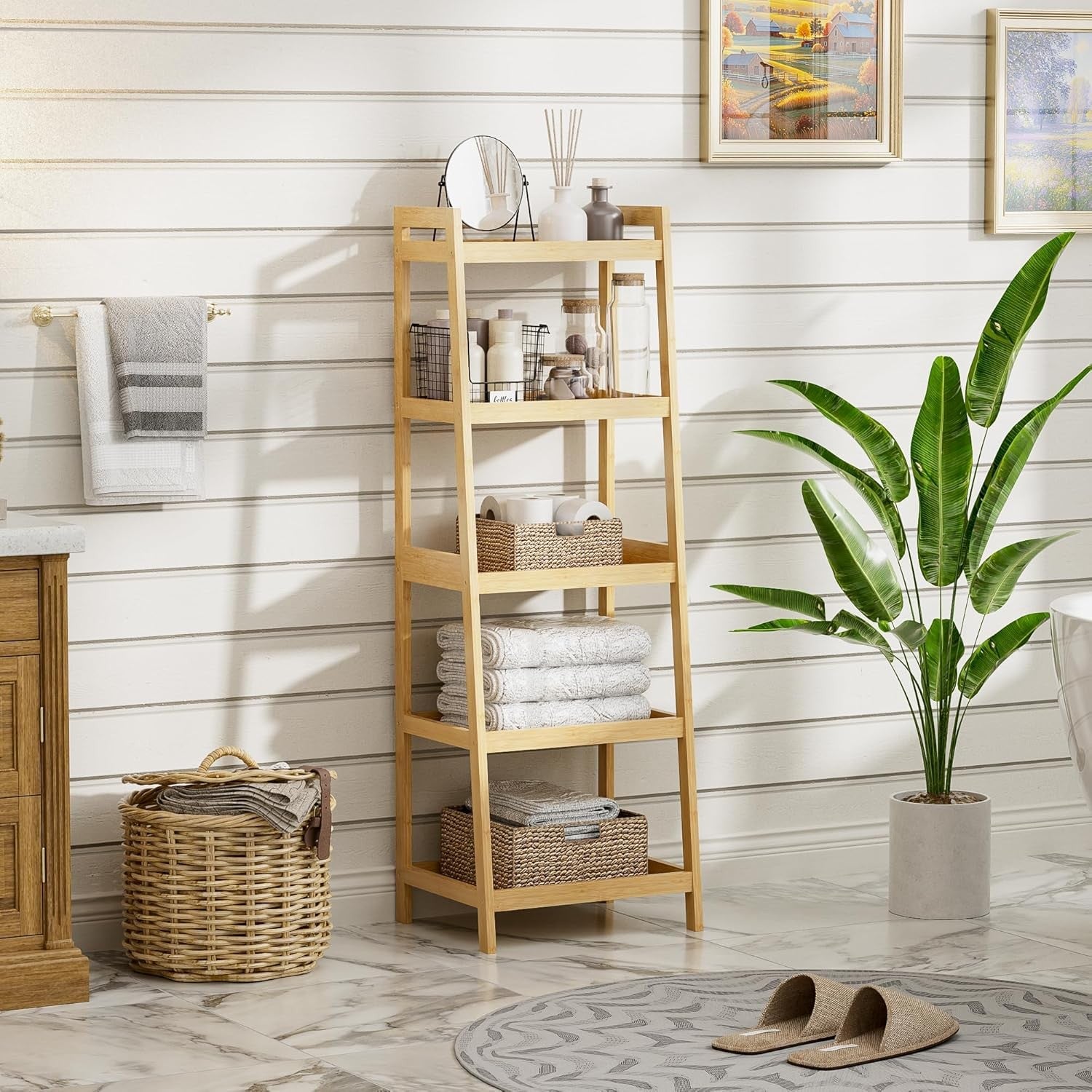 Natural Bamboo 5-Tier Ladder Bookcase, Tall Narrow Display Storage Shelf
