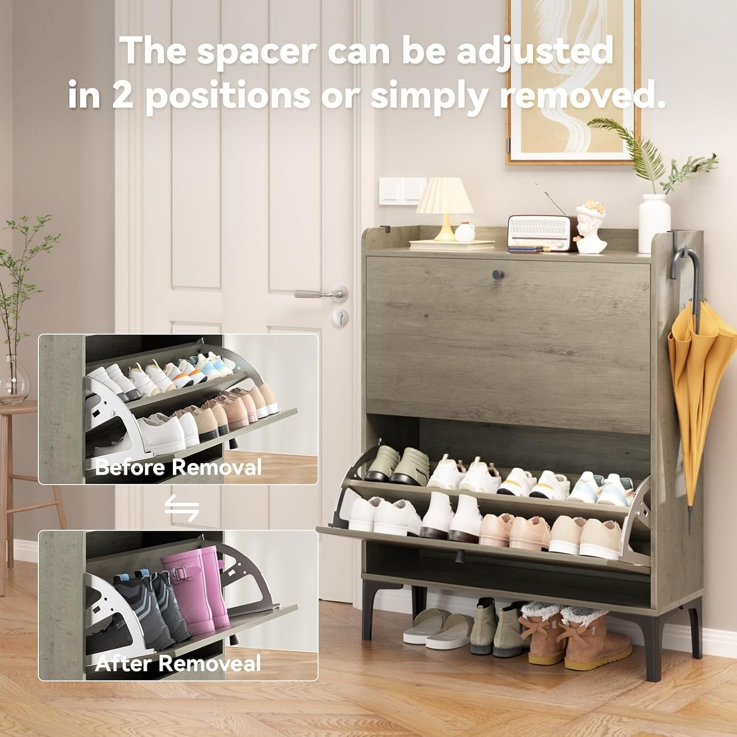 Grey 2 Drawer Shoe Cabinet Flip Storage Unit with Adjustable Dividers 80x24x100