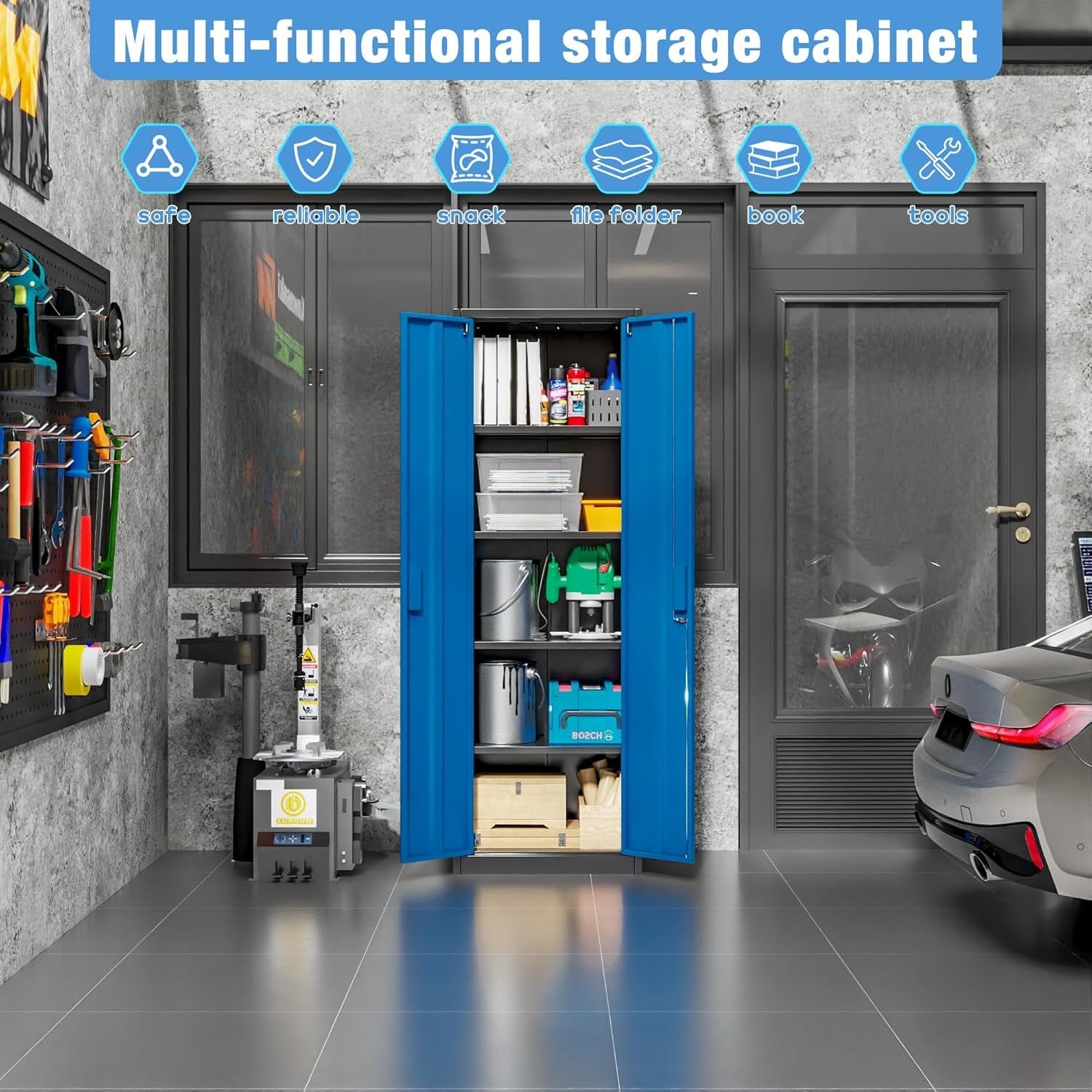 Black Blue Metal Storage Cabinet 2 Door Lockable Steel Cupboard Shelves 180cm