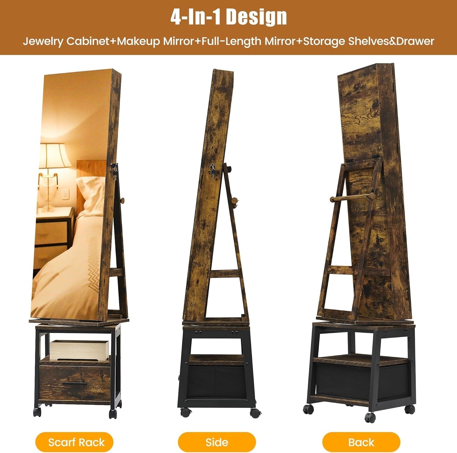 Rustic Brown 360° Rotating Jewellery Cabinet Full Length Mirror Lockable