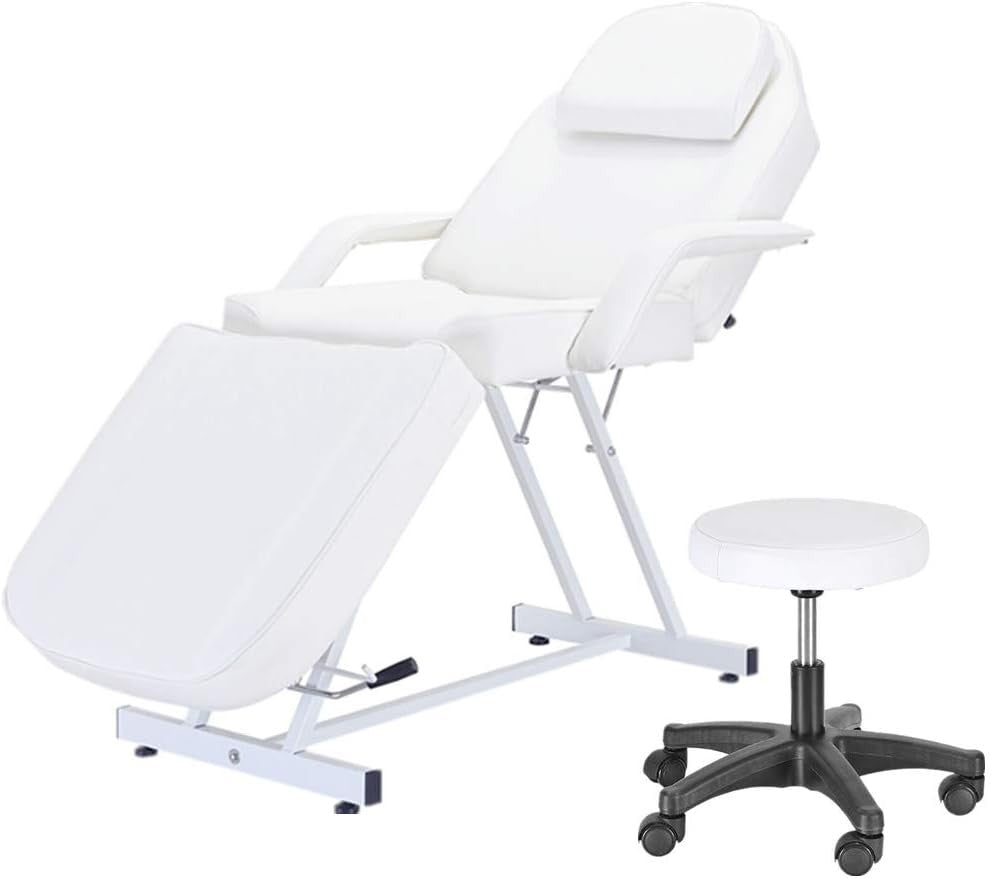 Reclining Massage Bed Adjustable Beauty Salon Spa Tattoo Chair w/ Stool White