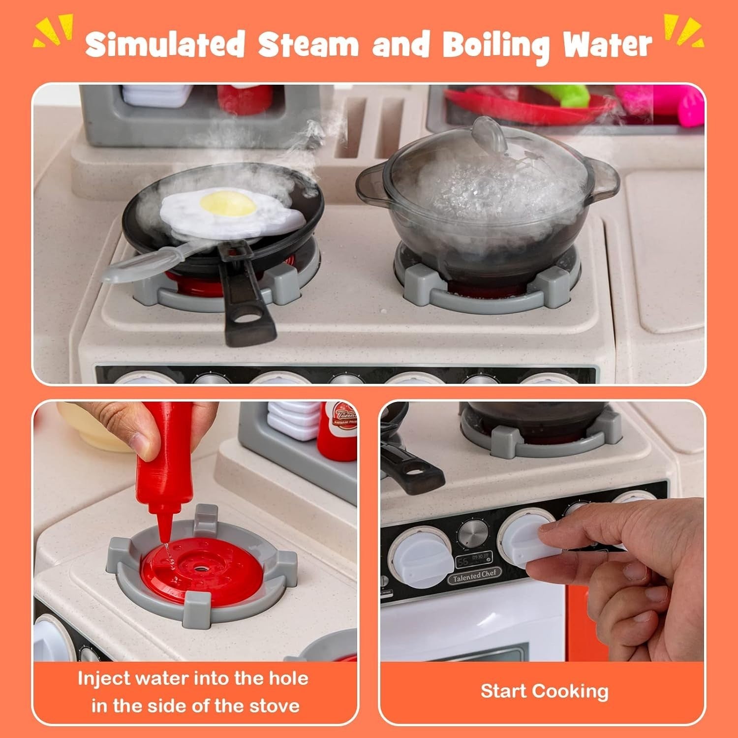 67PCS Kids Play Kitchen Toy Set Lights Sounds Steam Cooking Orange