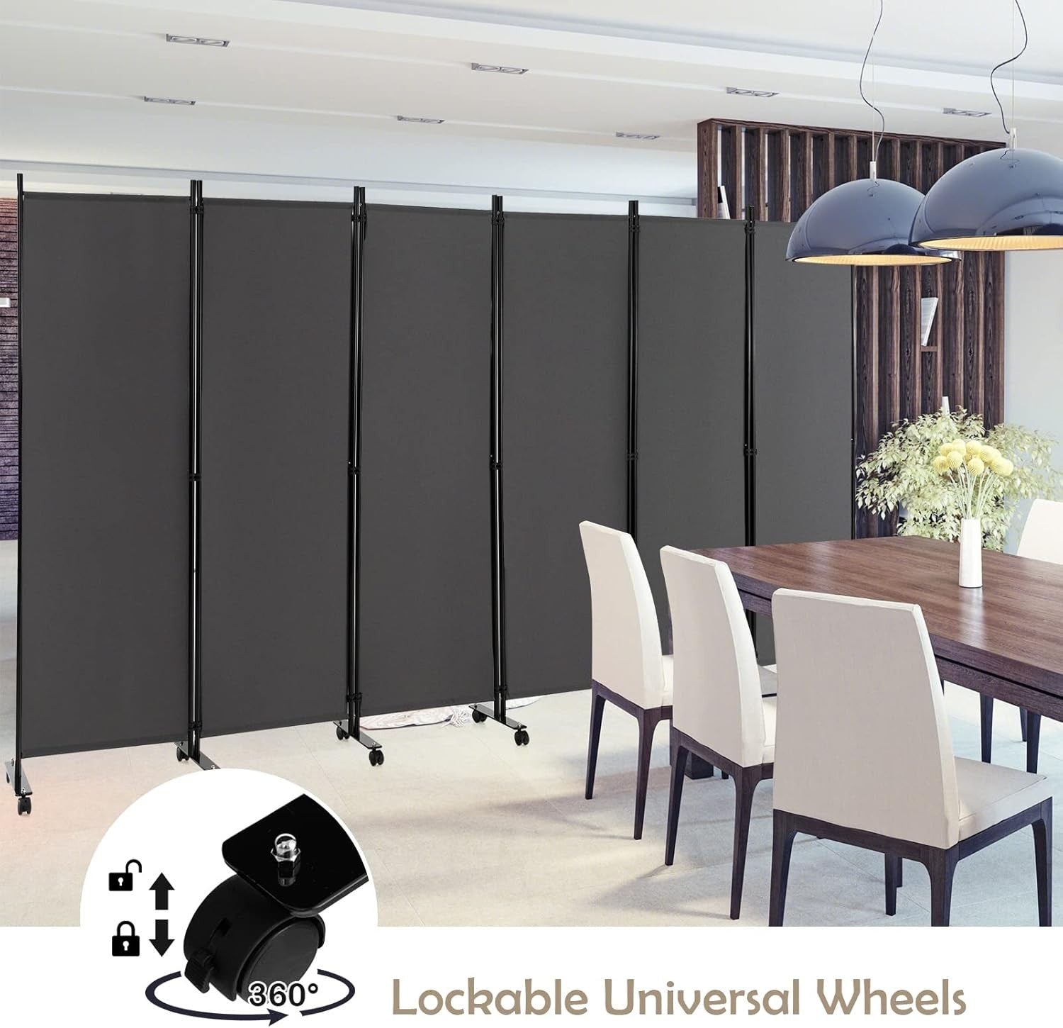 6 Panel Grey Folding Room Divider Privacy Screen on Wheels for Home Office