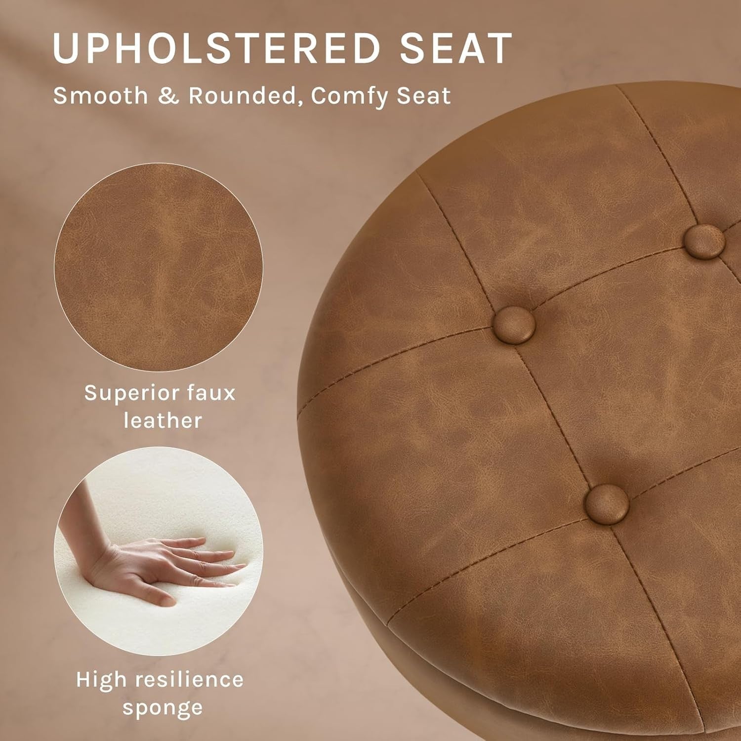 Brown Swivel Vanity Stool with Storage Vintage Faux Leather Adjustable Seat