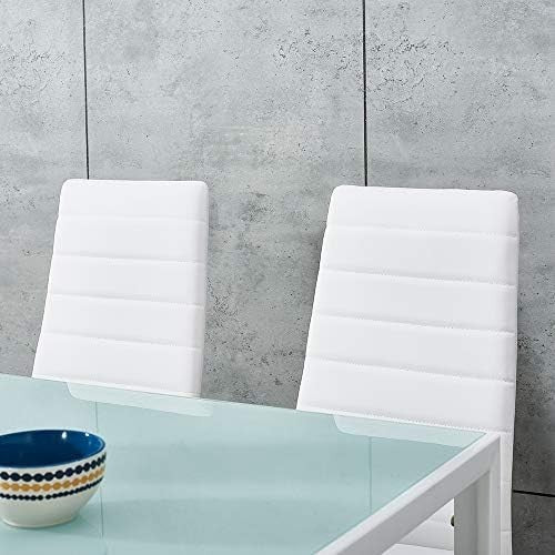 Rectangular Glass Dining Table Set 4 Chairs Modern White Faux Leather
