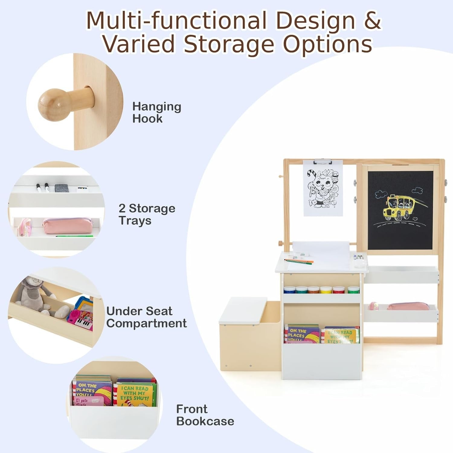 Kids 3 in 1 Art Table and Bench Set with Easel Bookshelf White Natural