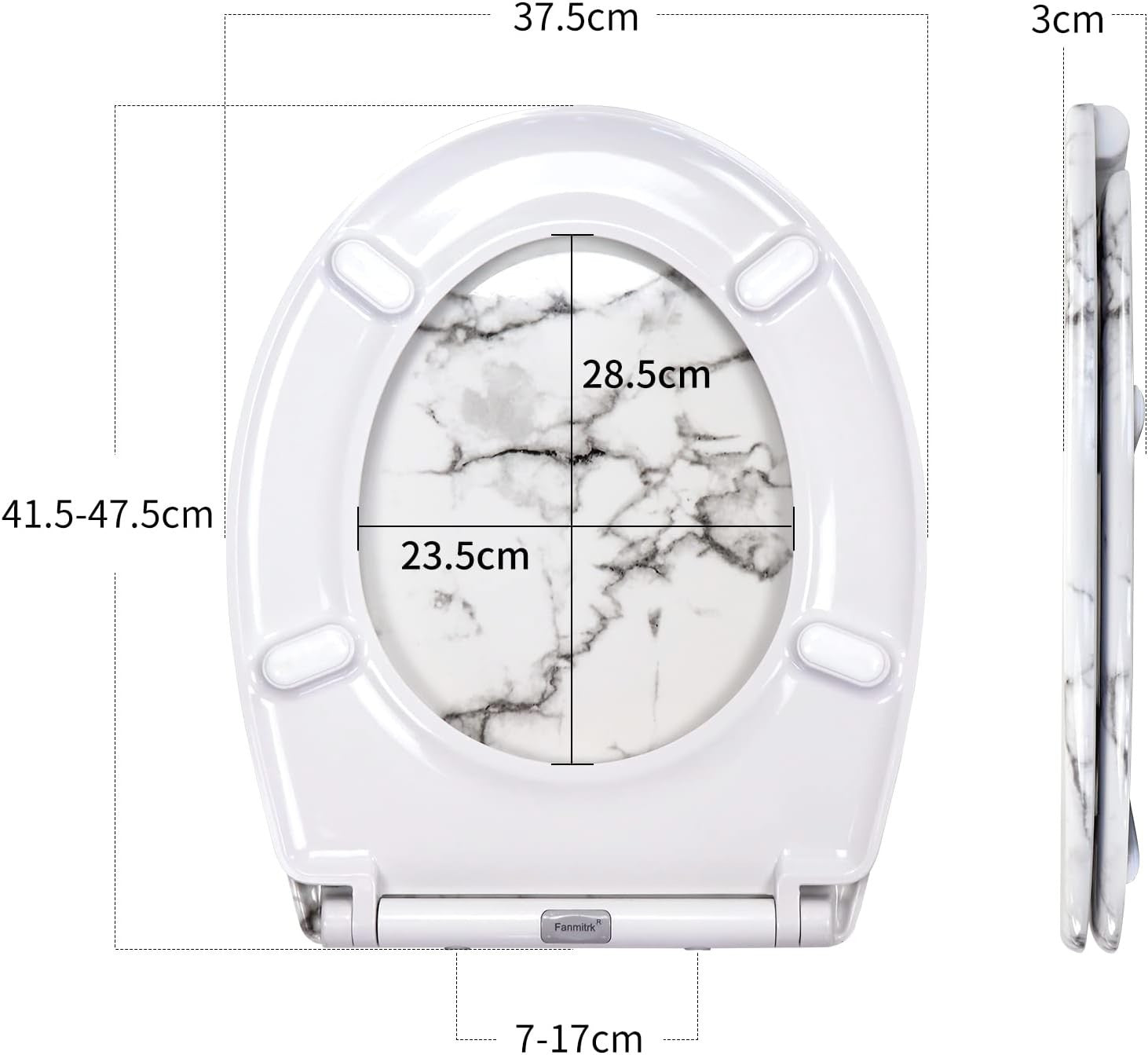 Soft Close Toilet Seat White Marble Quick Release Top Fixing Duroplast 45x37cm