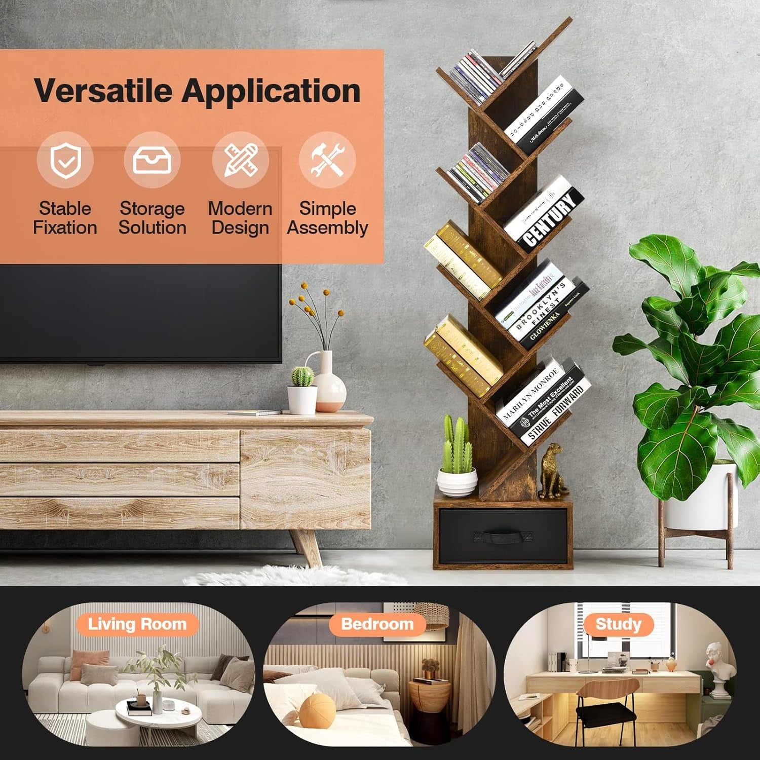 10 Tier Tree Bookshelf Tall Wooden Display Rack Freestanding Storage Unit Brown