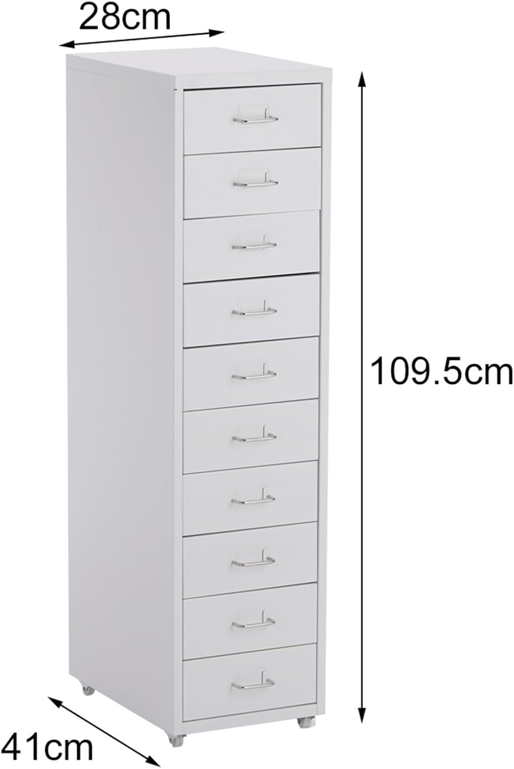 Silver White Mobile Filing Cabinet 8 Drawer 109cm Rolling Office