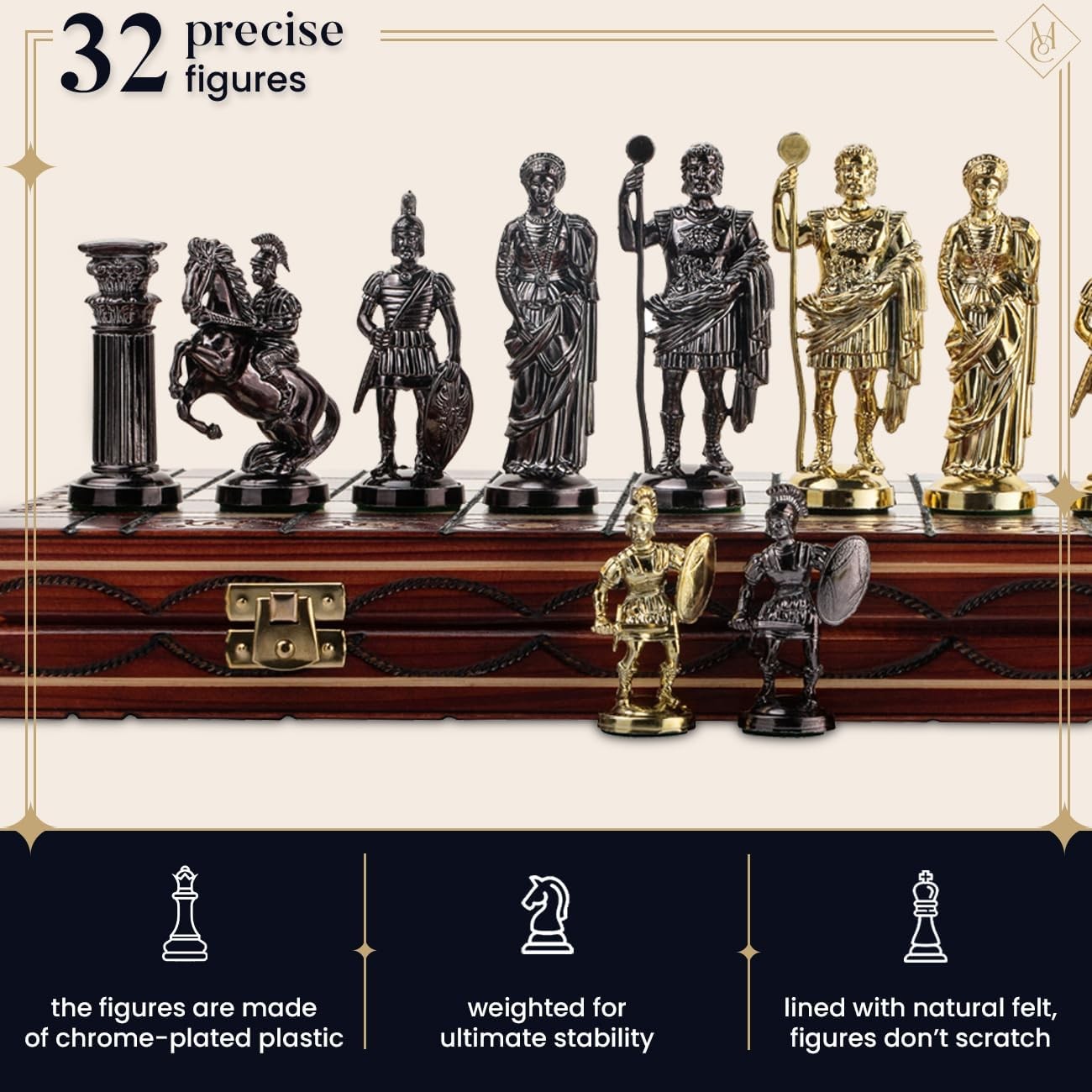 16" Luxury Spartan Chess Set Weighted Chrome Pieces & Inlaid Wooden Board