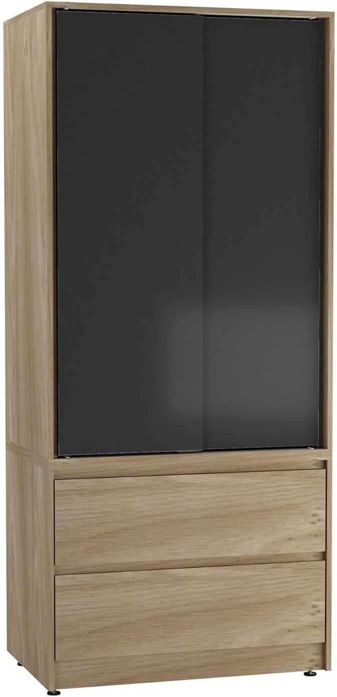 Modern 2-Door 2-Drawer Sliding Wardrobe with Hanging Rail & Adjustable Feet