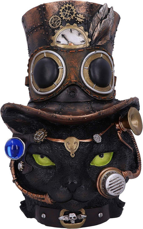 Steampunk Black Cat Head Figurine 28.8cm Gothic Resin Clockwork Decor Statue
