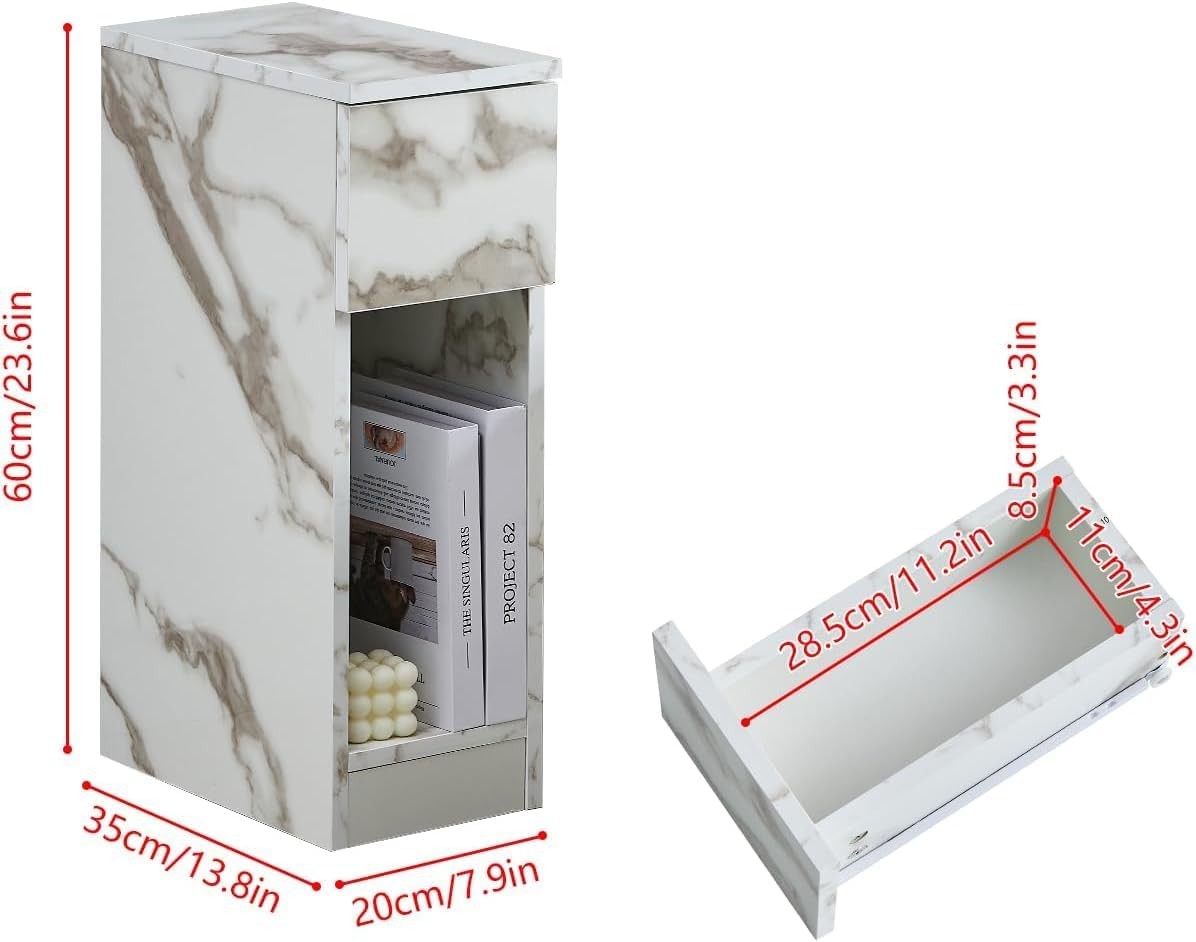 White Marble High Gloss Slim Bedside Table with Drawer & Shelf for Small Spaces