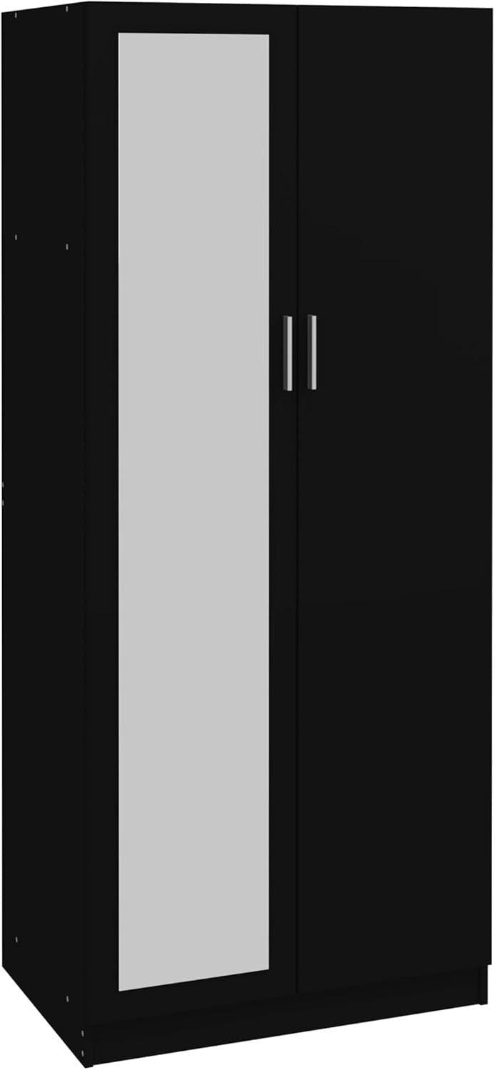 Black Mirrored Wardrobe 2 Door Storage Cabinet with Rail 170cm Tall