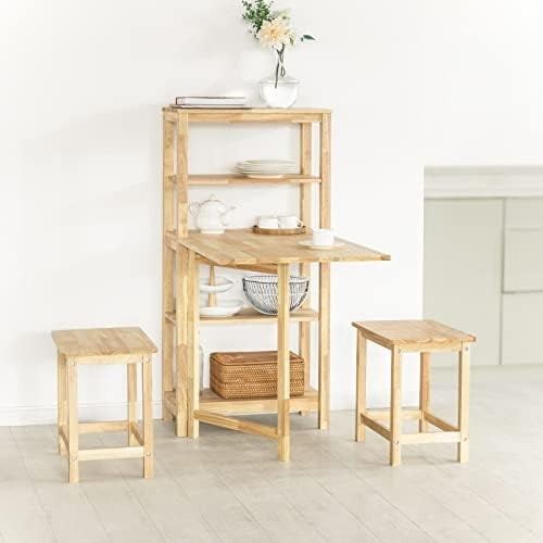 Folding Dining Table with 5 Storage Shelves Rubber Wood Kitchen Table