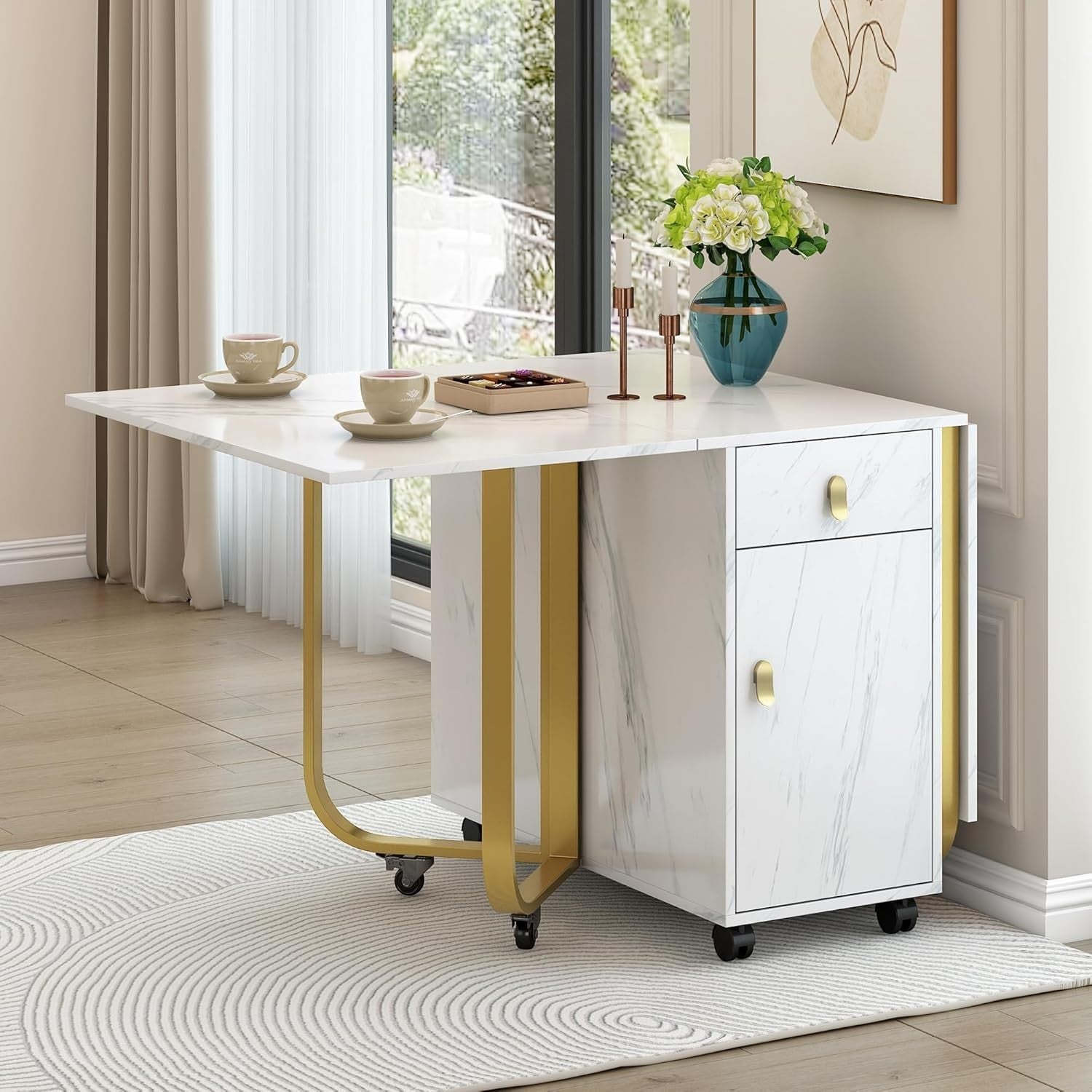 Folding Marble Dining Table 2 Drawers Storage Home Kitchen Island Unit
